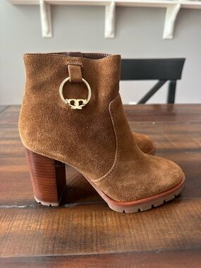 Tory Burch, Suede Brown Ankle Boots with Gold Ring Accent - Women